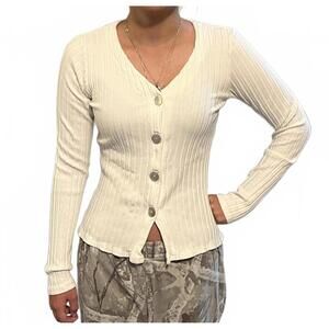 Trouble at the Mill, Fitted Ribbed Knit Cardigan In Cream, Size XS